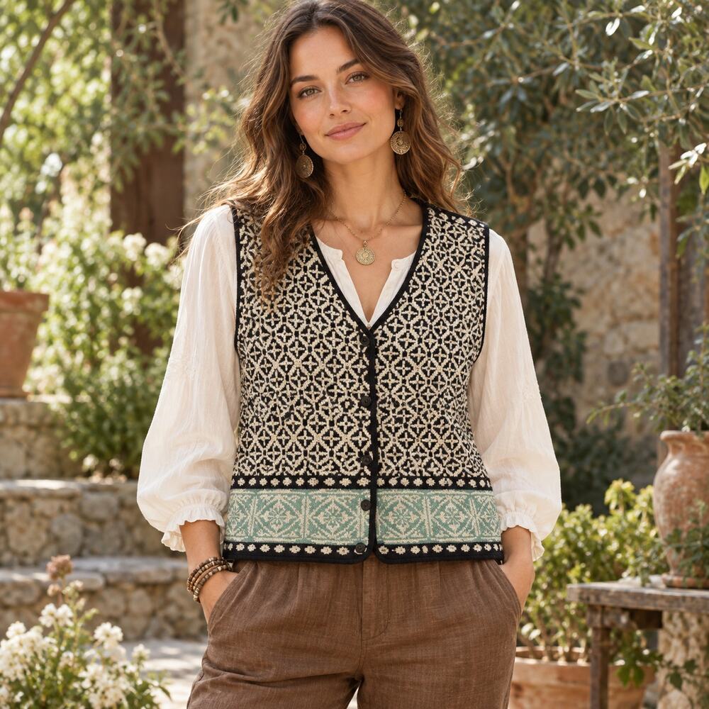 Y2K NY&Co Boho Sweater Vest Large Fair Isle Pearl Academia Cottage Festival